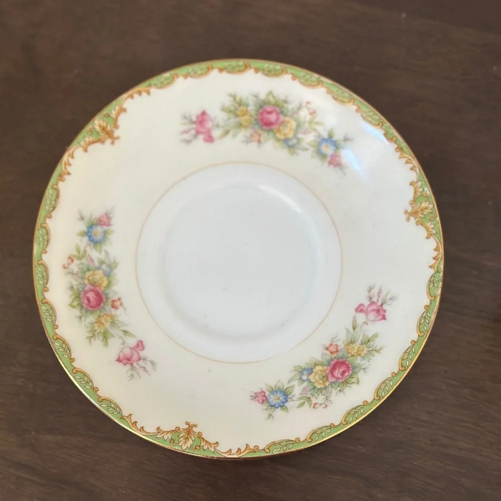 Sango China Cup Saucer Floral Green‎ Gold Rim Vintage Victorian Pattern